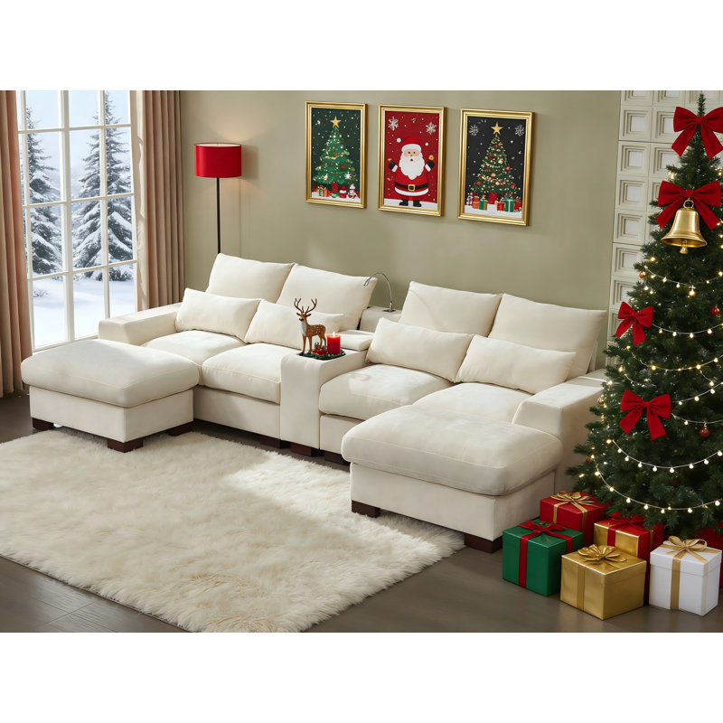 6-Seat Module Sectional Chenille Fabric Sofa With Console&Ottoman, Beige Chenille