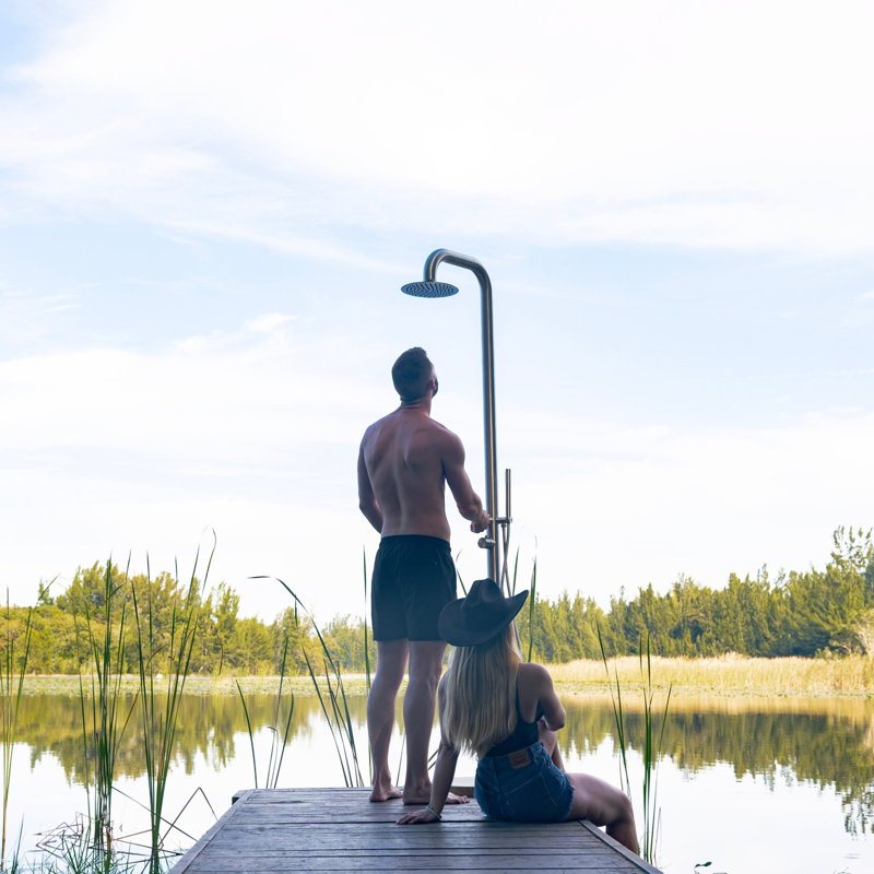 Pulsar 02 Freestanding Outdoor Shower with Hand Shower and Rain Shower Head, Brushed Stainless