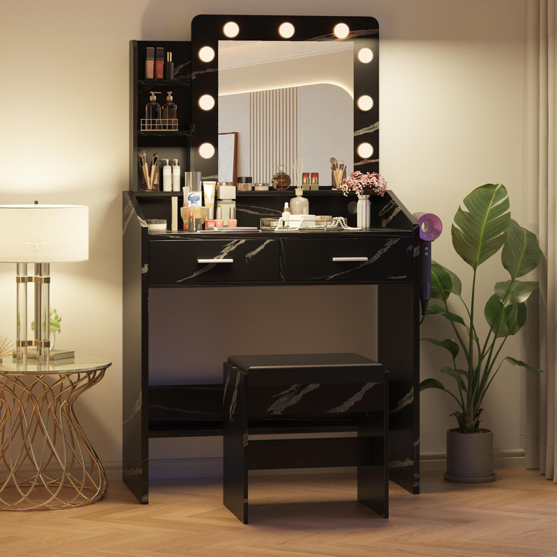 Makeup Vanity Desk with Mirror and LED Lights, 9 Bulbs, Power Outlet, 2 Drawers, Shelves, Cushioned Stool, 3 Lighting Modes, Marble Black