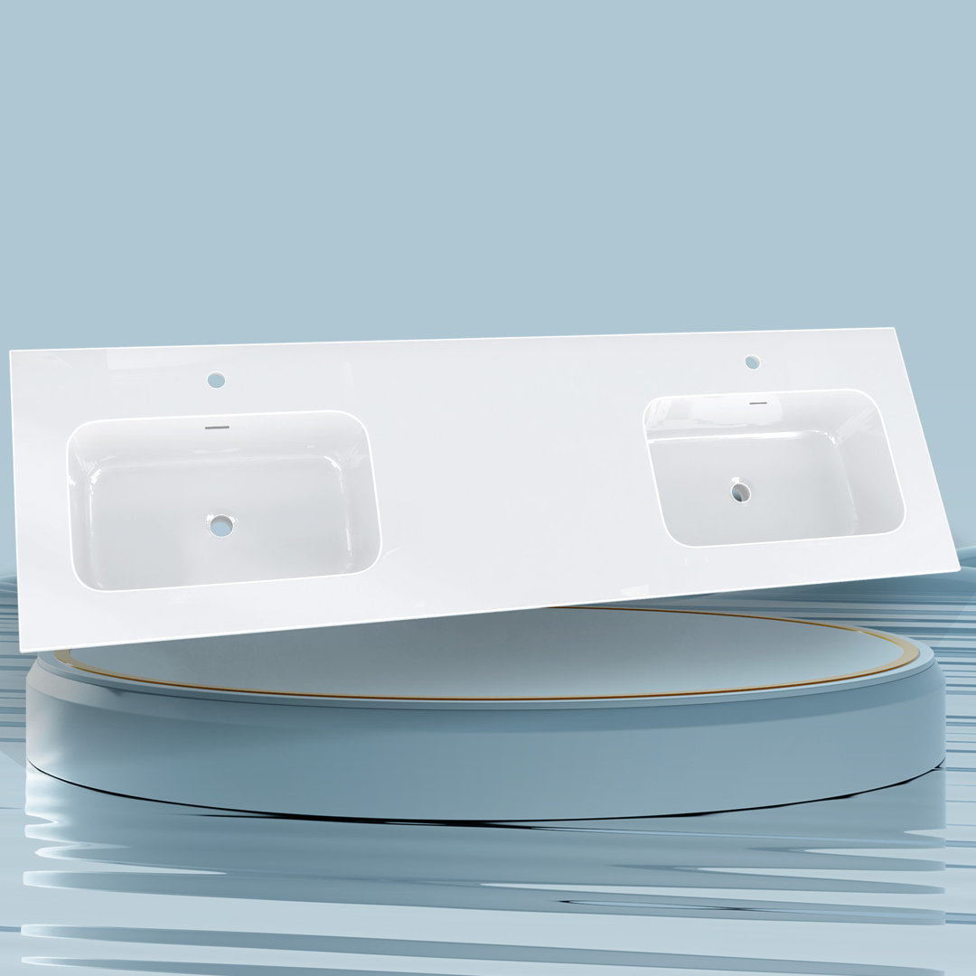 72" Solid Surface Double Bathroom Vanity Top In White With Sink ZEAFIVE