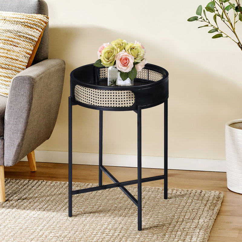 Table de bout de chambre à coucher moderne - noir avec plateau, surface en bois et structure en métal