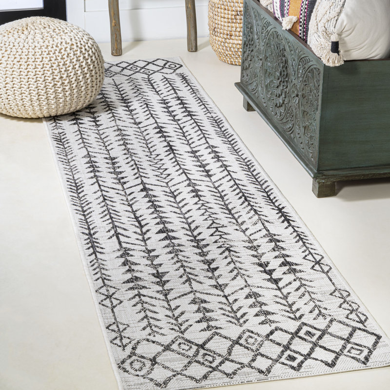 Whipe Bohemian Geometric Ivory/Black Indoor/Outdoor Rug, Runner 2'2" x 10'