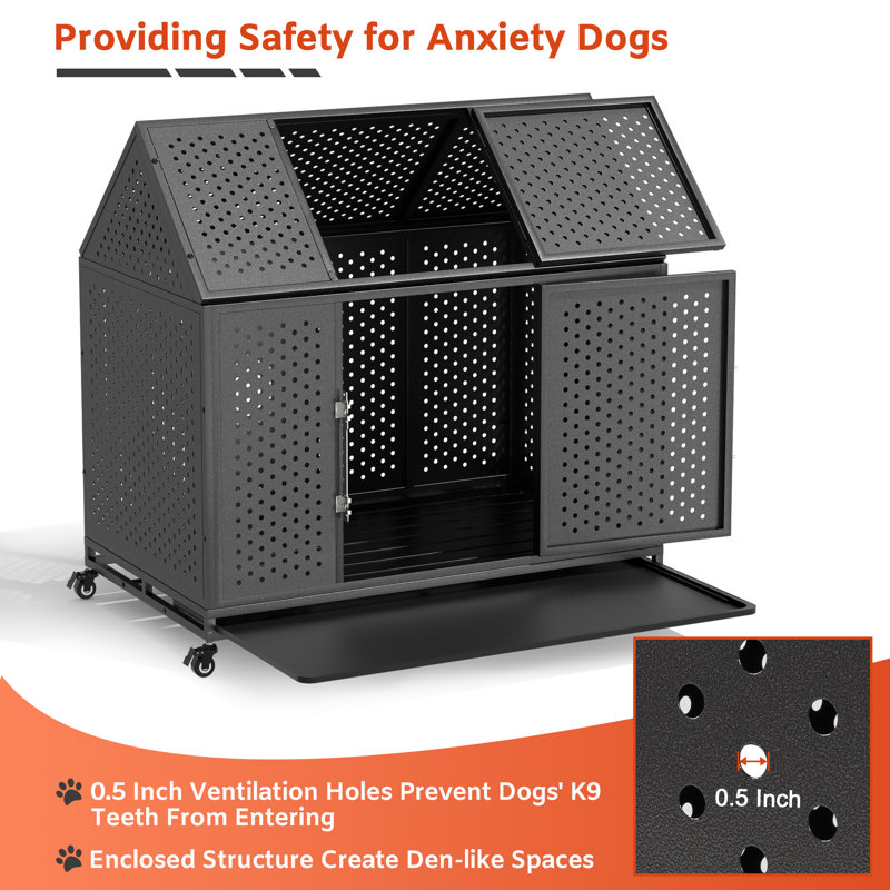 Extra Large Black Steel Escape-Proof Dog Crate with Pointed Roof