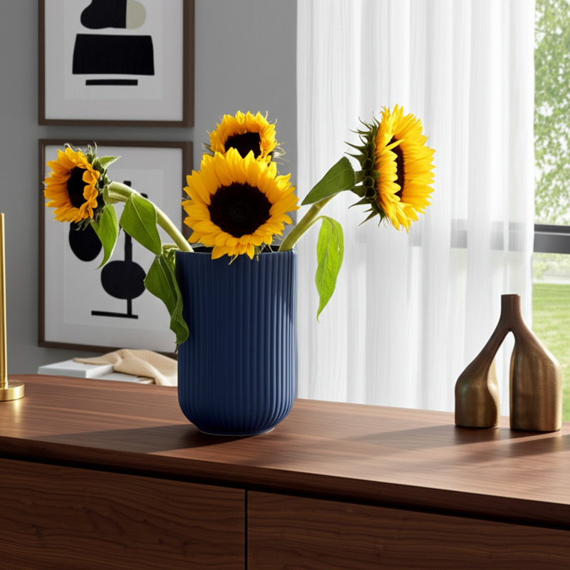 Zed Ribbed Ceramic Handcrafted Watertight Table Vase, 9" H x 5" W x 5" D, White