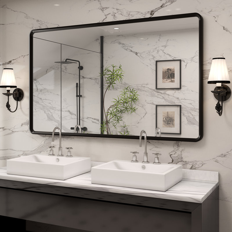 Molly Beveled Edge Metal Framed Tempered Glass Wall Mounted Rectangular Vanity Mirror, 60" x 36"