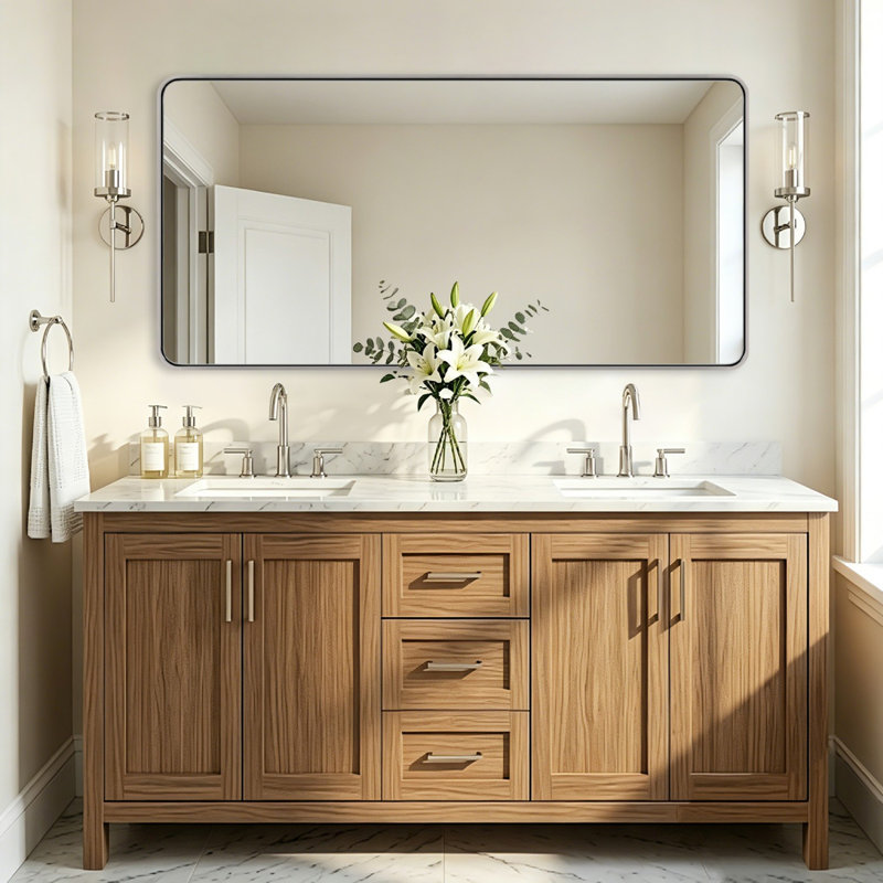 Miroir de salle de bain rectangulaire contemporain | Cadre épais en acier inoxydable, 48 po x 24 po, Chrome poli