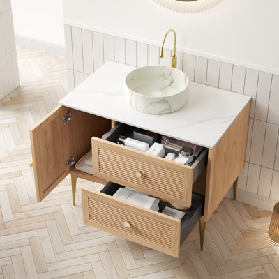 Meuble-lavabo de 36 po en blanc et chêne, avec 4 pieds en métal, 2 tiroirs, finition en chêne artisanal rayé exquis, lavabo en céramique lustrée de 14 po, armoire