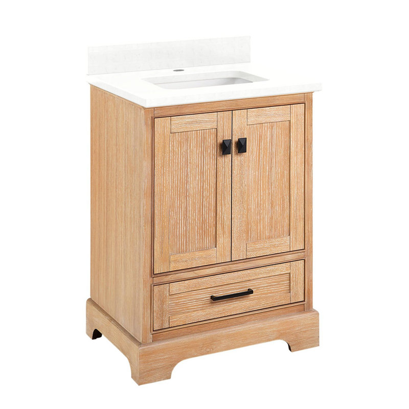 Quen 24" Freestanding Single Basin Vanity Set with Cabinet, Vanity Top, Single Hole, Driftwood Brown, Feathered White Quartz
