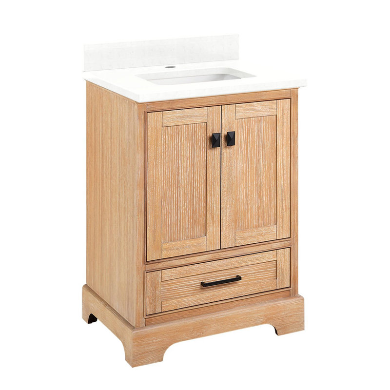 Quen 24" Freestanding Single Basin Vanity Set with Cabinet, Vanity Top, Feathered White Quartz, Driftwood Brown, Single Hole