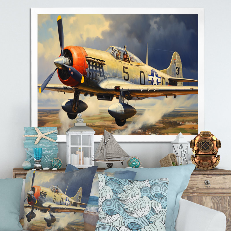 " P51B Plane Skyline I ", White Picture Framed, 24" H x 32" W x 1" D