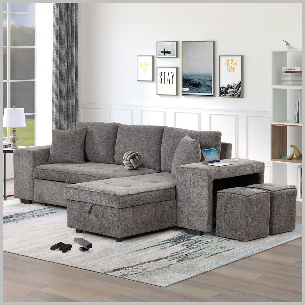 Sectional couch with storage deals and pull out