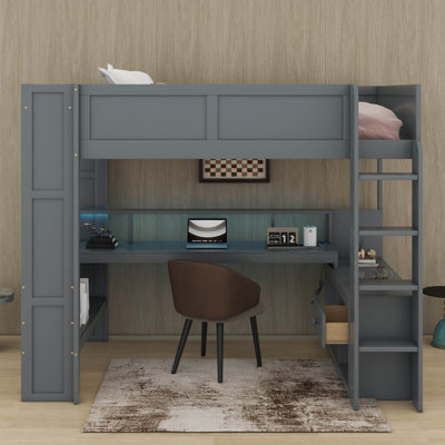 Full Size Gaming Loft Bed With Desk,Shelves, LED And Charging Station