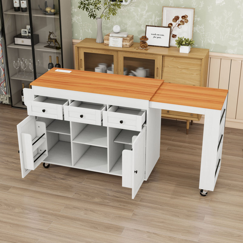 Rolling Expandable Kitchen Island with Dining Table, Storage Shelves, Power Outlet and 3 Drawers, White