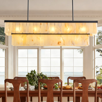 L54" Linear Alabaster Chandelier, 2-Tier Rectangular Pendant for Dining Table, Kitchen Island, Living Room, Black(Include 16 Bulbs)