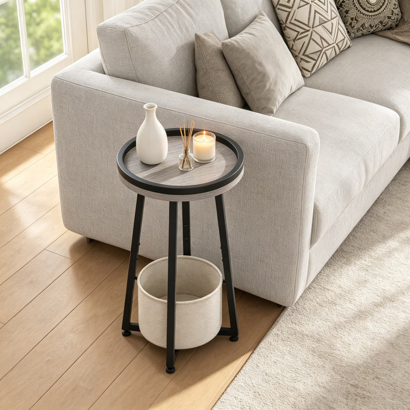 Petite table d'appoint ronde, table de bout à 2 niveaux avec panier de rangement en lin de coton, table de chevet compacte pour le salon, la chambre à coucher, le dortoir et les petits espaces
