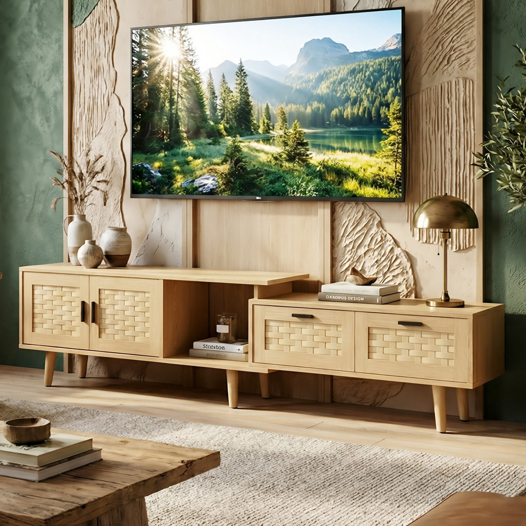 146-180CM Extendable Rattan Effect TV Stand With Solid Wood Legs, Adjustable Width Media Console With 2 Doors & 2 Drawers (Fits Up To 75" TV)