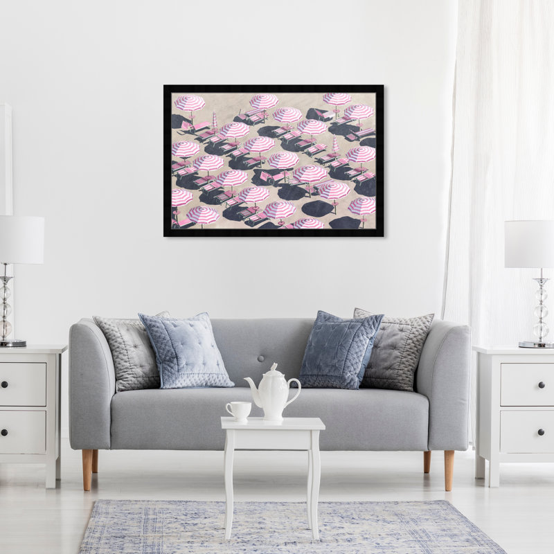«Pink Umbrella Parade», Glam Beach Parasols Coastal White - impression encadrée, L 30 po x H 20 po, Cadre noir