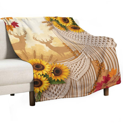 Jeté d'automne, cerf tournesol, feuilles de blé en flanelle de luxe, couverture douce et chaude pour le canapé-lit du salon