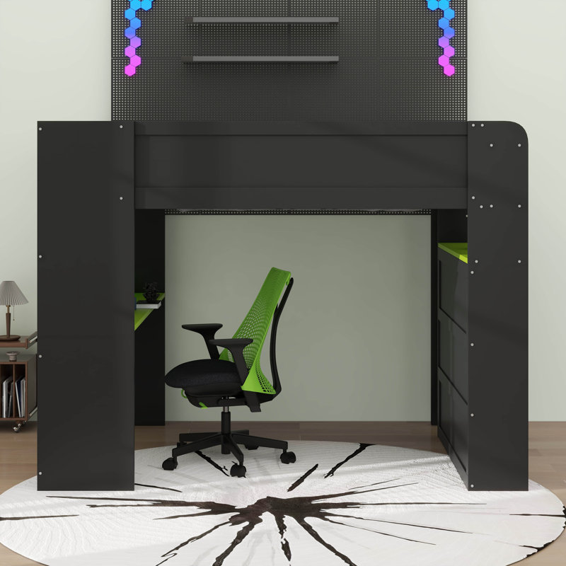 Full Size Gamer Loft Bed With Height-Adjustable Desk,Wardrobe And RGB Light, Black/Green