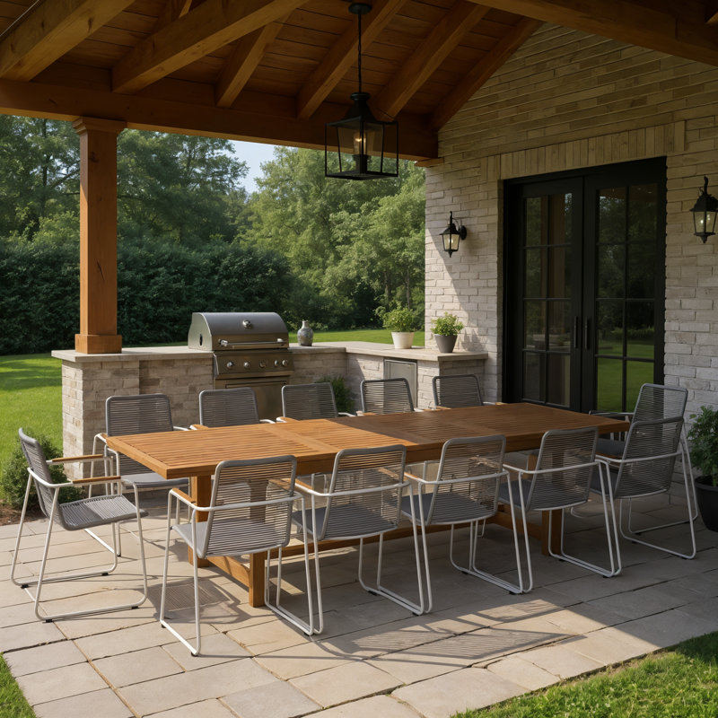 Wayland 13-Piece Outdoor Rectangular Extendable Dining Table And Chairs Set | Teak Finish & Aluminum | Ideal For Patio, Light Brown Table