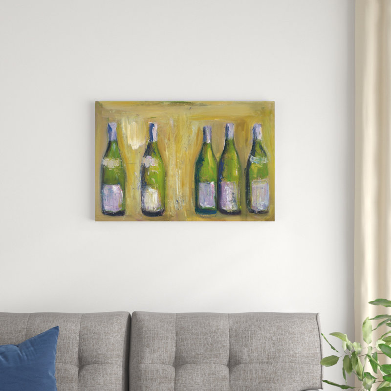 «French Wine Bottles» par Michael Clark, peinture sur toile tendue, H 20 po x l 30 po
