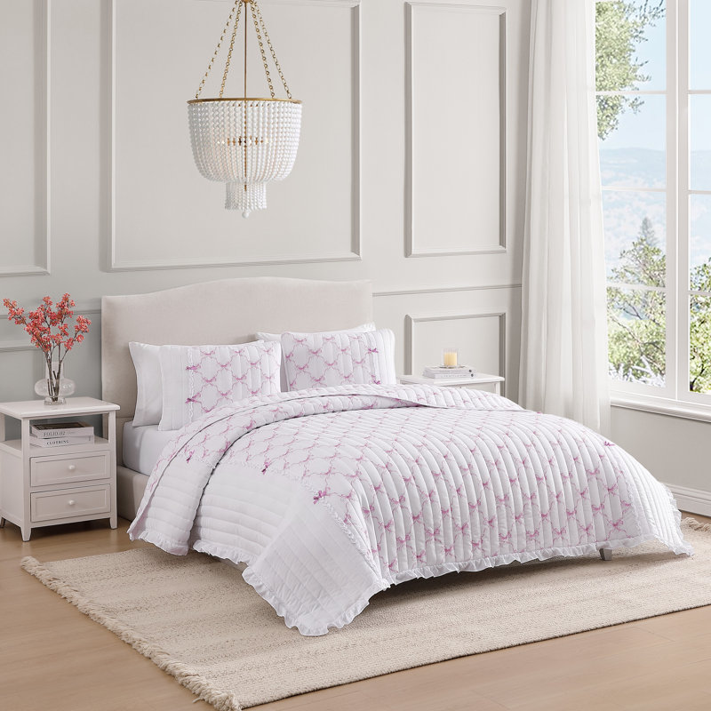 Maisy Bows Mauve White All-Season Embellished Ruffle Reversible Quilt Set, Pink;Cream, Twin Quilt + 1 Sham