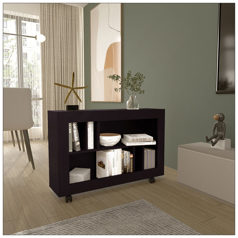 Console console, 5 tablettes, 4 roulettes, Noir