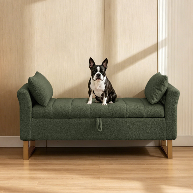 51"W Upholstered Flip Top Teddy Storage Bench with Gold Legs,Curverd Armrest and 2 Pillows, Green, 51"W