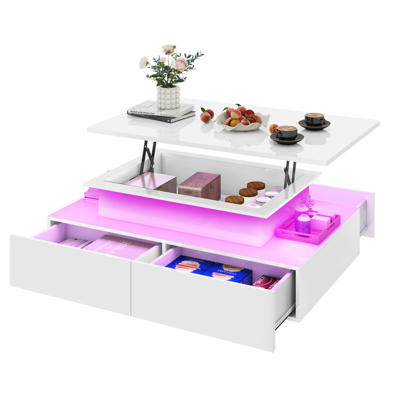 Table basse à plateau relevable moderne avec 4 tiroirs et lumières DEL, Blanc