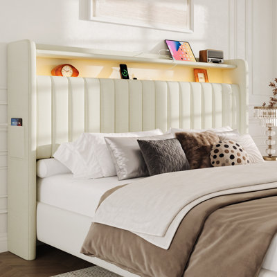 Upholstered Wingback Headboard with 2-Tier Storage, Charging Station, LED Light