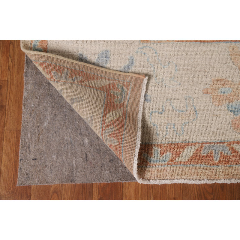 Tapis rectangulaire en laine noué à la main de conception unique en corail / ivoire / bleu