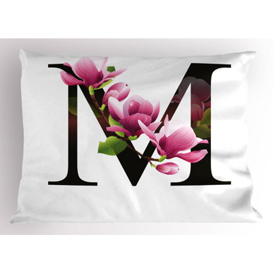 Ambesonne Letter M Pillow Sham 2 Pack M with Magnolia Floral 26""x20"" Pink Green Black -  pil-2_44538_26x20