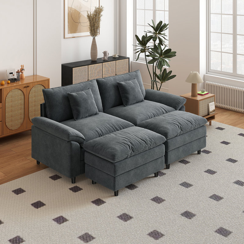 Canapé double en chenille avec deux repose-pieds, Gris
