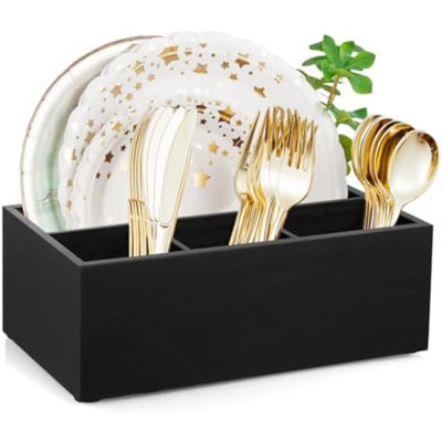 Paper Plate Dispenser, Wooden Utensil Caddy Organizer, Large Silverware Holder For Party, Black Paper Plate Organizer, Kitchen Utensil Caddy For Party Picnic Camping