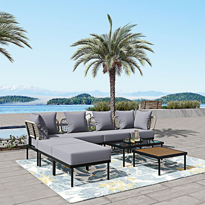 Ensemble de canapé modulaire de patio 8 pièces 8 pièces, Coussin gris clair / structure noire