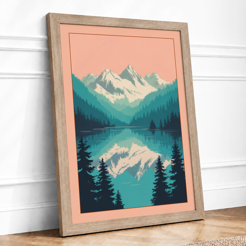Mountain Lake Reflection Minimalist - Framed Print, Oak, A3 - 42.0 x 29.7 cm
