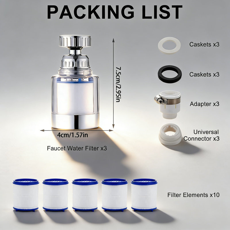 Filtre à eau rotatif universel à 360 ° pour éviers de cuisine et de salle de bain - élimine le chlore, le fluore, les métaux lourds, l'eau dure avec 3 filtres et 10 cartouches