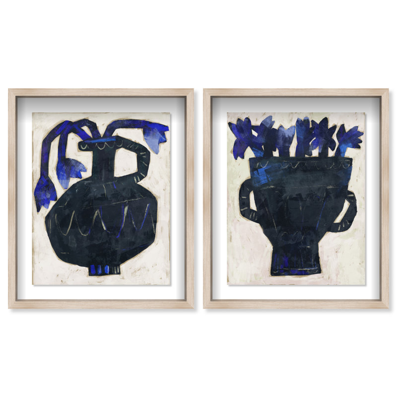Indigo Vases Set Shadowbox Floral & Botanical Print by Oliver Gal, Black Frame, 16 x 20, 51"H x 43"W, Natural Oak Shadowbox