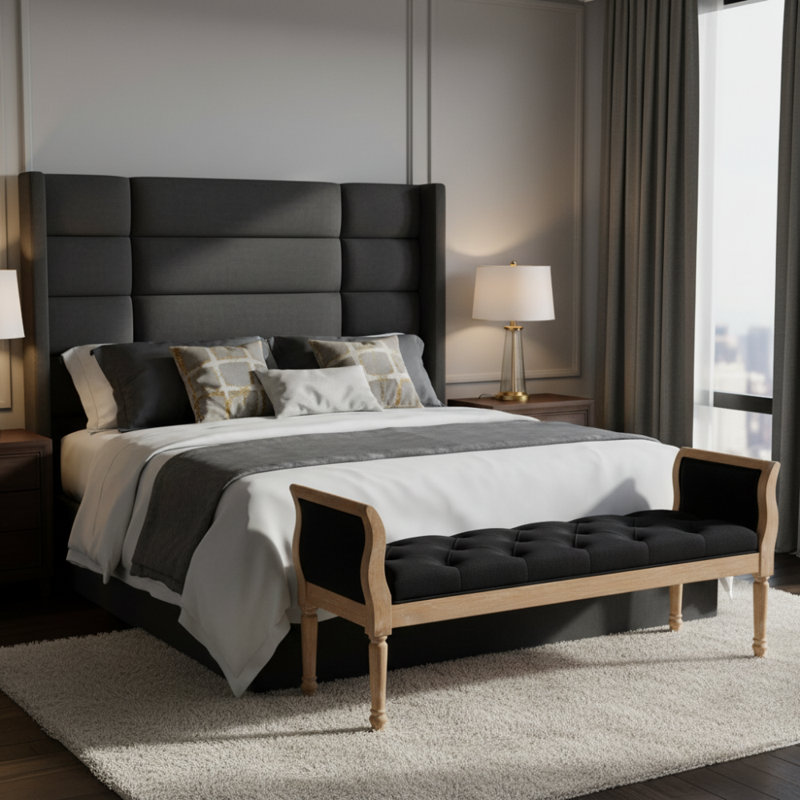 Calla Classic Tufted Upholstered Bench With Curved Arms And Solid Wood Frame, Charcoal Gray Cushion/Natural Frame