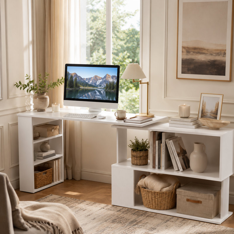 Poste de travail rotatif blanc en forme de L, bureau transformable flexible à 360 ° avec rangement et étagères multicouches, bureau d'étude à domicile