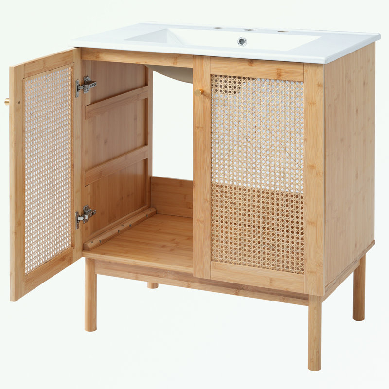 meuble-lavabo avec portes en rotin faites à la main et mécanismes de fermeture en douceur, Naturel
