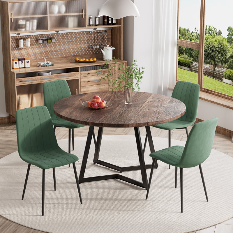 Ensemble de table de salle à manger ronde avec chaises en tissu d'ameublement en velours, 5, Noyer, Vert