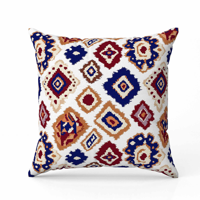 Oreiller imitation daim Ikat Diamond, Carré 18 po, Bleu / Blanc / Orange