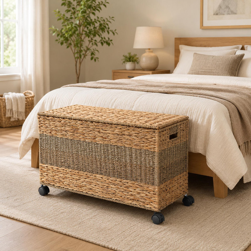 Coffre de rangement en jacinthe d'eau 160L, couvercle et roues