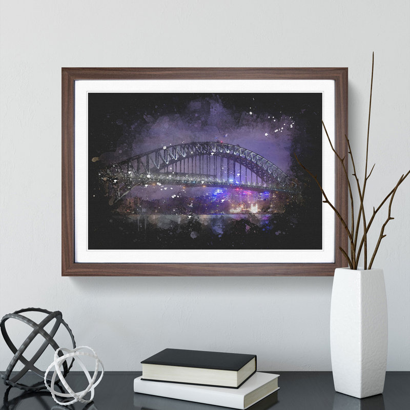 Harbour Bridge in Sydney - Picture Frame Graphic Art, 65cm H x 90cm W x 2cm D, Walnut Framed