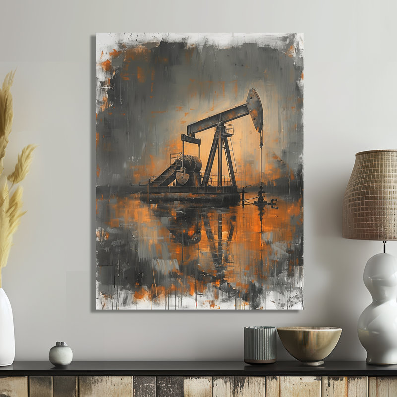 «Grey Orange Winter Oil Fields Powing Iron» - Reproduction d'art mural, H 30 po x l 40 po x P 1,5 po, Métal métal