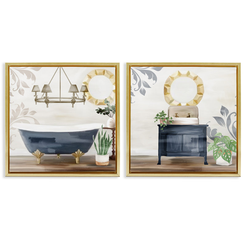 Ensemble de 2 toiles flottantes avec cadre doré chic pour salle de bain par Kim Allen, H 25 po x l 25 po