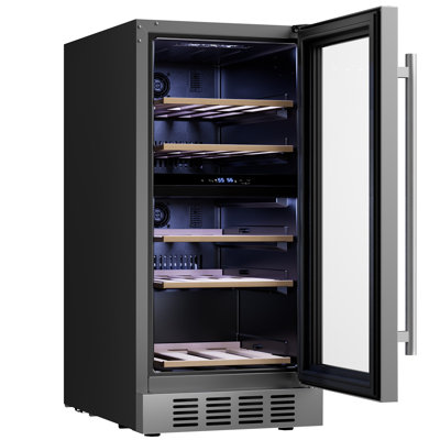 15 In. 26-bottle Dual Zone Wine Cooler Mini Fridge With 5 Beech Wood Shelves - Reversible Door For Home Bar In Black