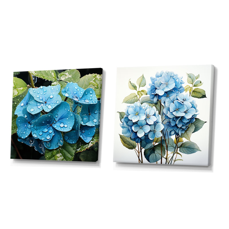 «Blue Hydrangea Flower Elegance I», ensemble de 2 reproductions d'art sur toile, Toile tendue, H 16 po x l 33 po x P 1 po