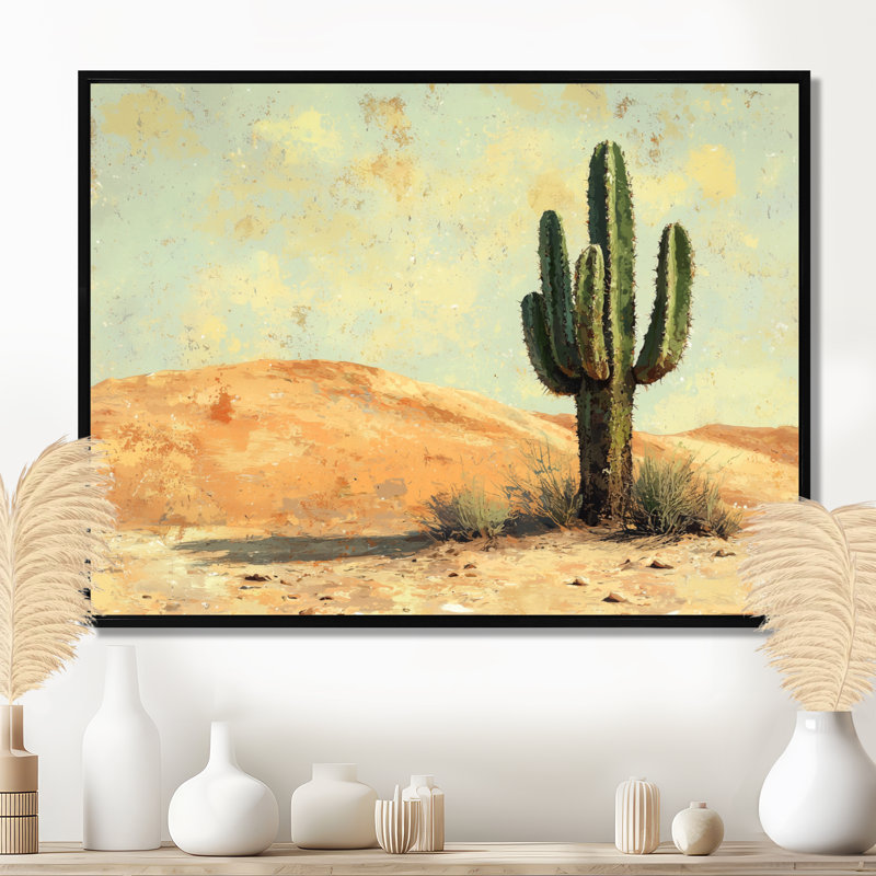 Minimalisme cactus par les dunes I - art mural cactus, H 34 po x l 44 po, Cadre flottant, Noir